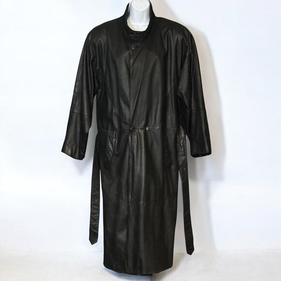Vintage I.O.U. Leather Collection Black Trench Coat Women's Sz S Belted Duster - Picture 3 of 15